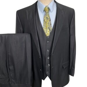 Tiglio Luxe Mens 3pc Suit 48L Black Tufo Formal Church Classic Silk Wool Italy